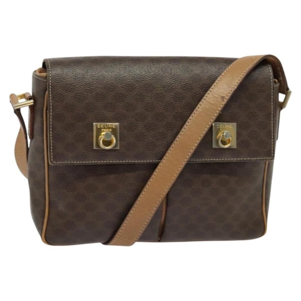 Authentic CELINE Macadam Canvas Shoulder Bag PVC Leather Brown Gold - Picture 1 of 16